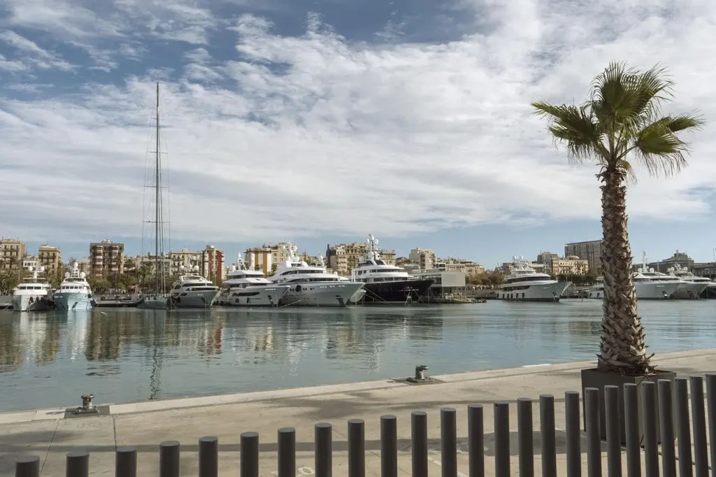 Vistas del puerto deportivo de Barcelona con varios yates de lujo atracados, edificios residenciales de fondo y una palmera en primer plano bajo un cielo parcialmente nublado.