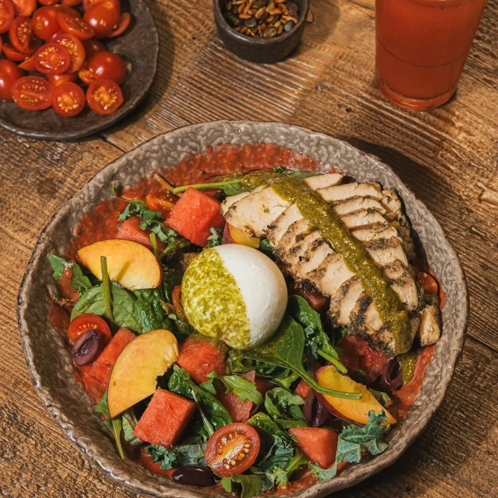 A gourmet salad with grilled chicken, burrata cheese, fresh watermelon, and peaches.