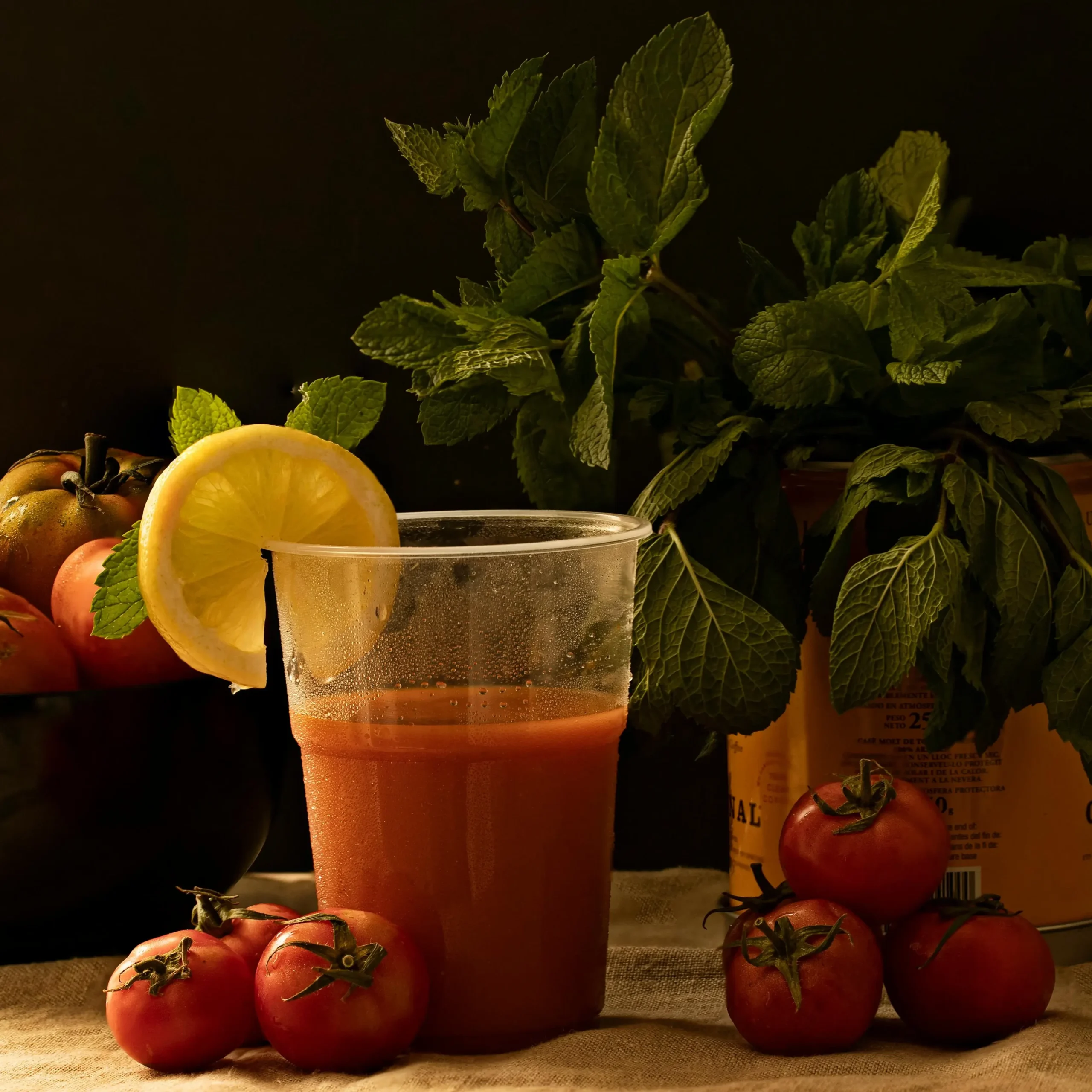 A glass of gazpazho on the table with tomatos surrounding it