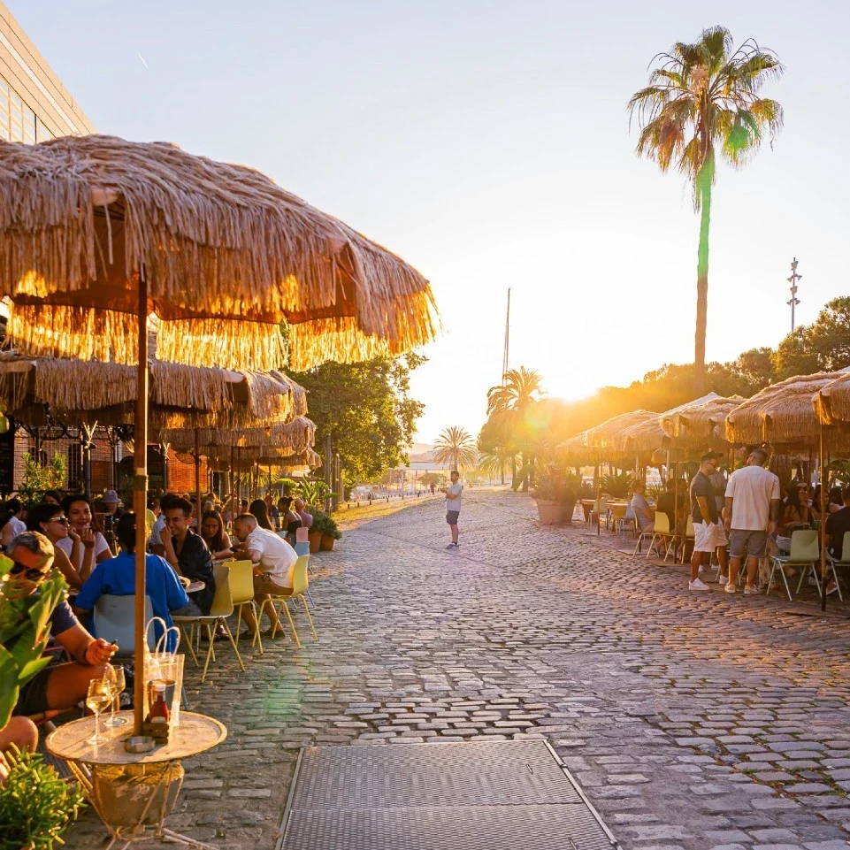 Outdoor restaurant terrace with thatched parasols and people dining along a cobbled pedestrian street, lit by golden sunset light and lined with palm trees.