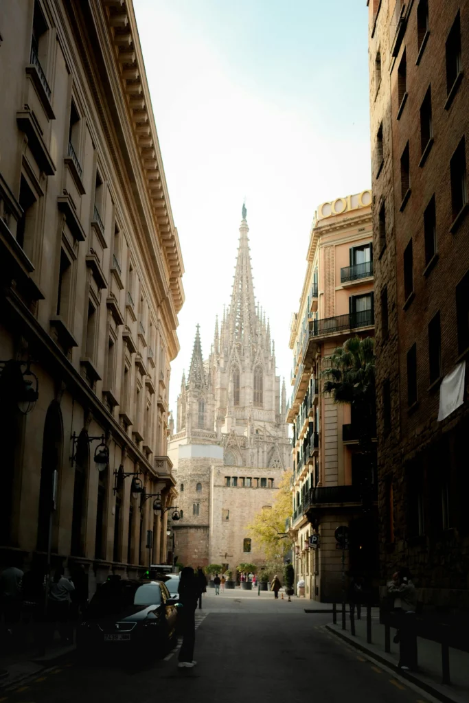 View of Barcelona Cathedral from a narrow street in the Gothic Quarter
