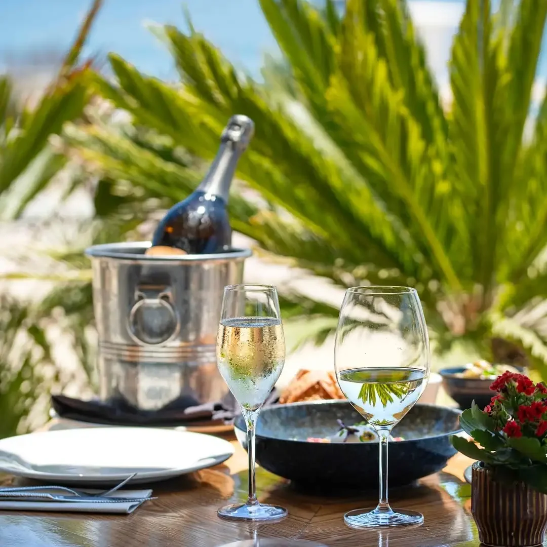 Outdoor dining table with glasses of white wine, a champagne bottle in a cooler, and tropical plants in the background with a view of the sea.