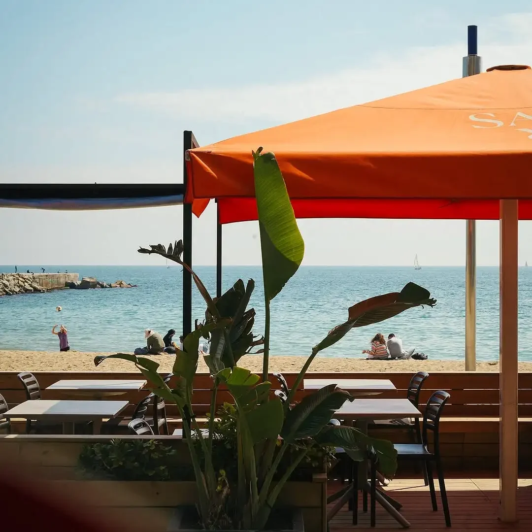 Seafront restaurant terrace with empty tables, tropical plants, and an orange parasol, overlooking the beach and the calm Mediterranean Sea.