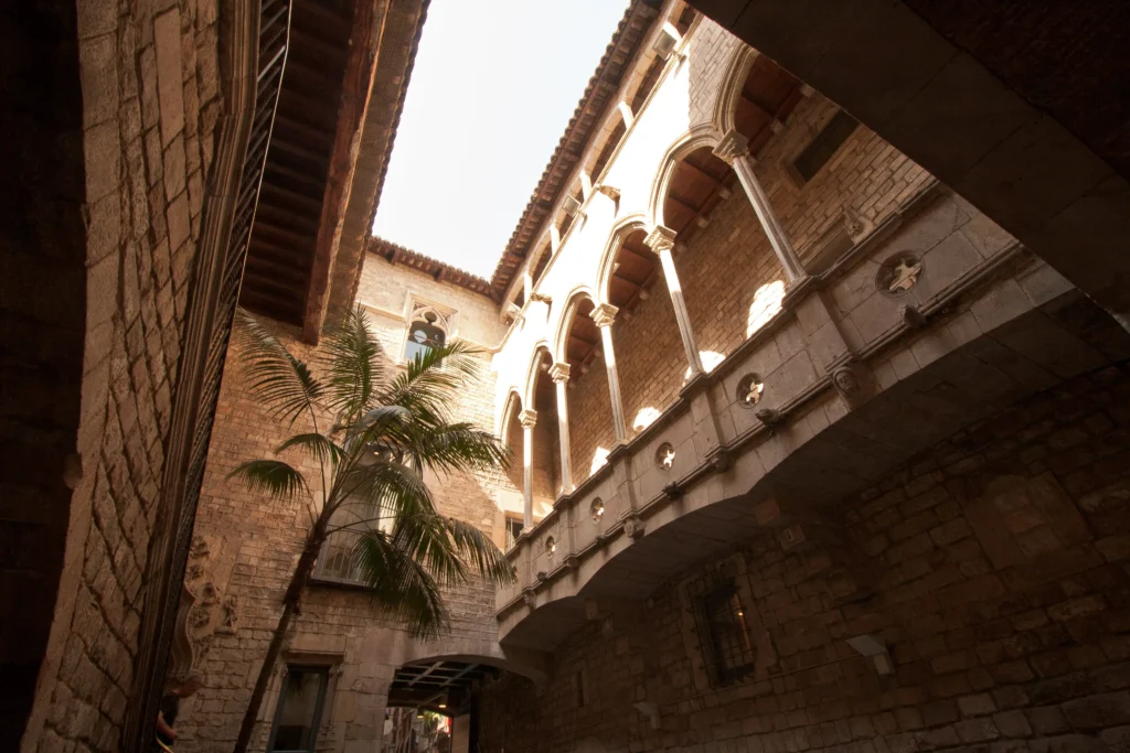 Patio interior del Museo Picasso en Barcelona, con arquitectura medieval y columnas góticas, iluminado por la luz natural que entra desde el cielo. Una palmera resalta en el espacio, creando un contraste con las paredes de piedra.