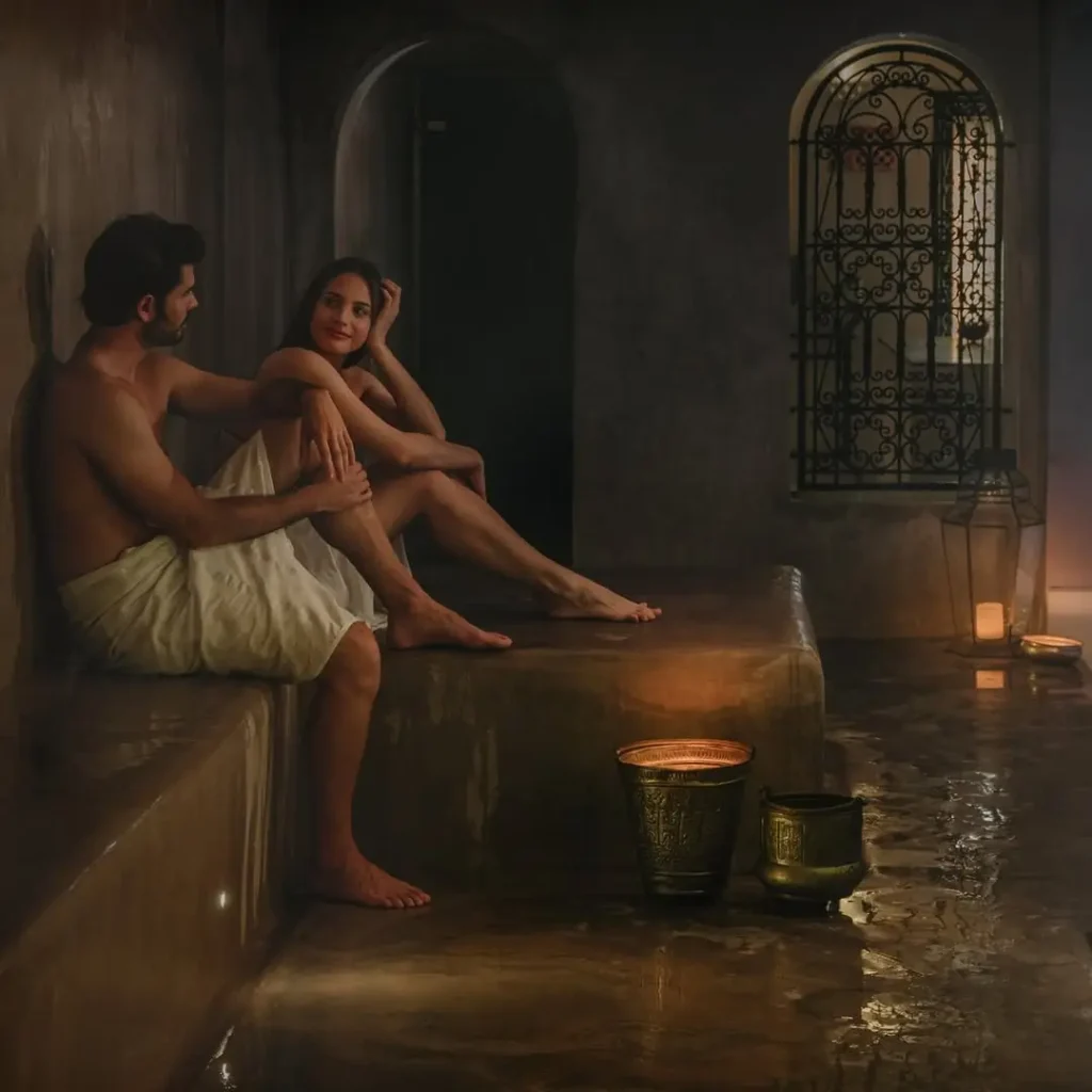 Пара, расслабляющаяся в хаммаме, сидя на каменных скамьях, окруженная свечами и водой, в атмосфере покоя и благополучия.