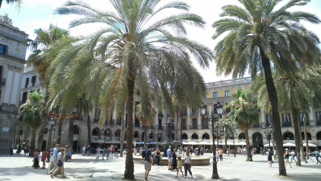 Imagen de la Plaça Reial en Barcelona, con palmeras altas, la fuente de las Tres Gracias en el centro y personas paseando y disfrutando del ambiente en la plaza.