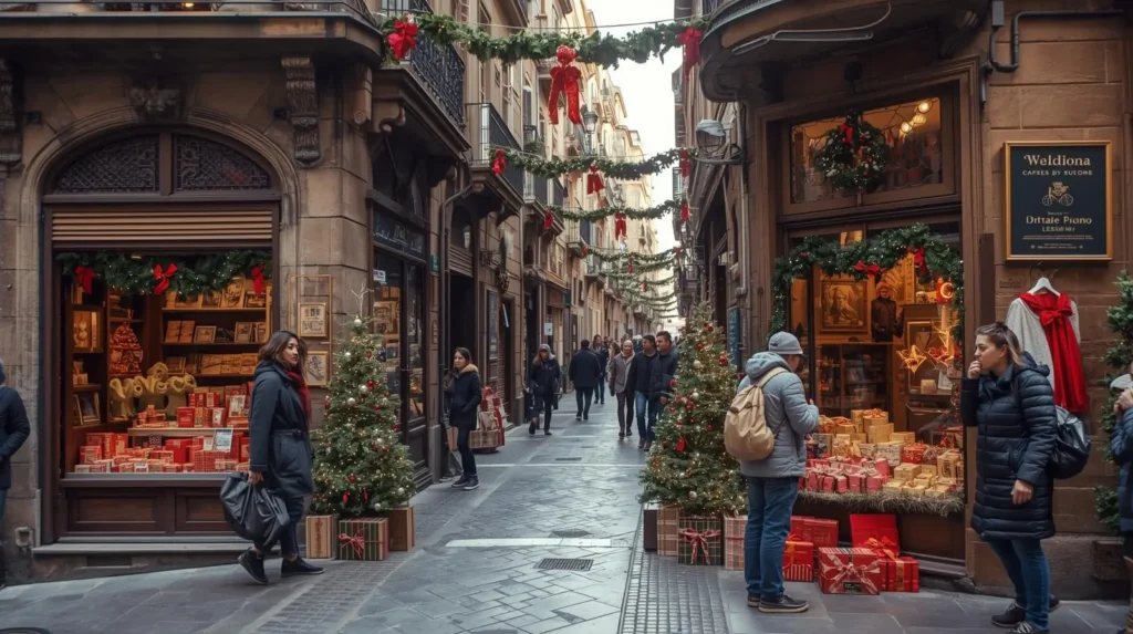 Una calle decorada para las fiestas, con escaparates cuidados, luces navideñas y personas paseando, mirando y eligiendo detalles con calma. Una escena cotidiana que refleja cómo regalar también forma parte de vivir la ciudad y compartir el ambiente de estas fechas.