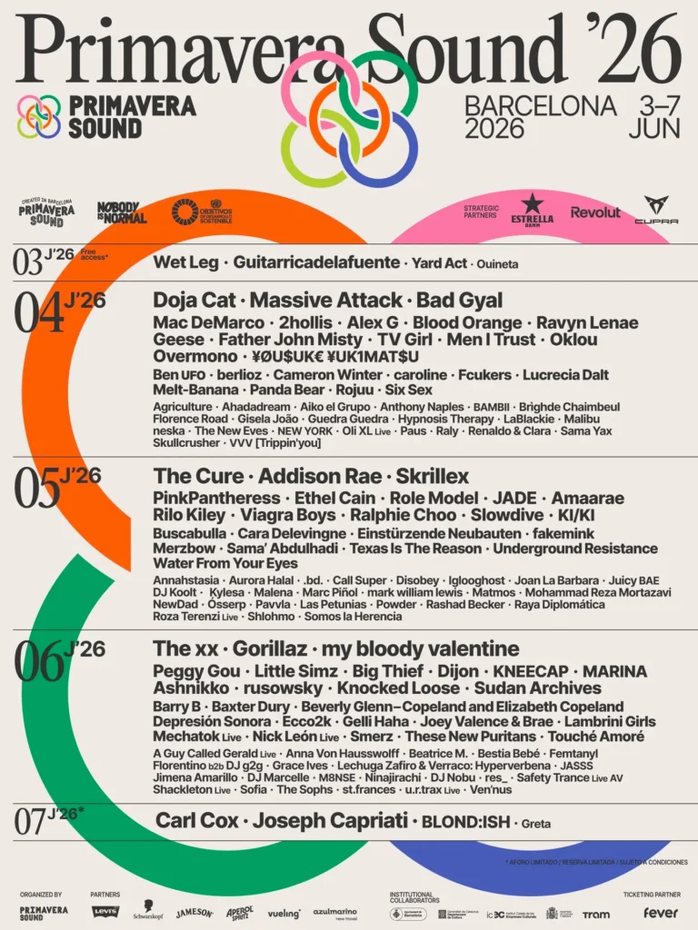 Cartel oficial del festival Primavera Sound 2026 en Barcelona con el lineup completo de artistas y las fechas del evento del 3 al 7 de junio