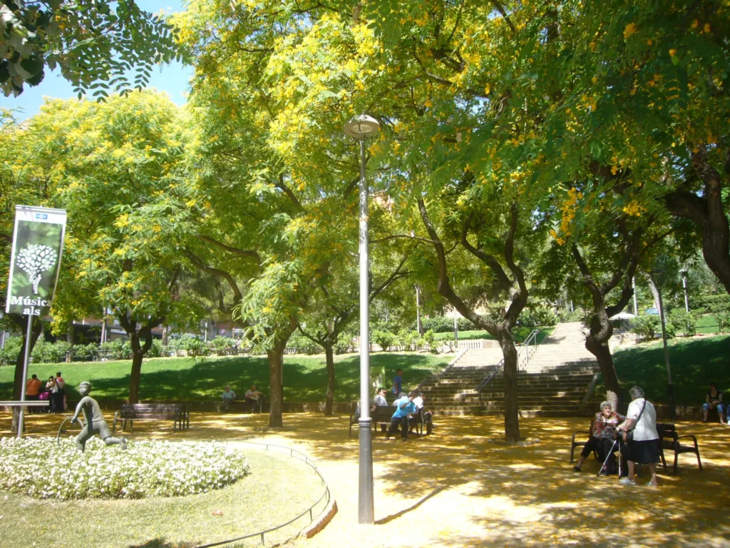 Zona verde del Parc del Guinardó en Barcelona con árboles frondosos, senderos, bancos y espacios de descanso rodeados de naturaleza.