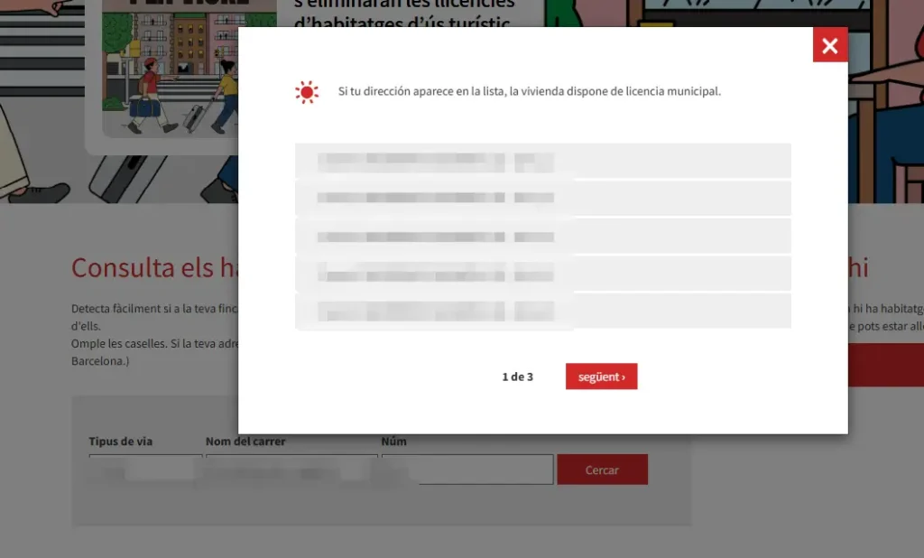 Ventana emergente de una herramienta online para consultar si una vivienda dispone de licencia turística municipal en Barcelona mediante la búsqueda de una dirección.