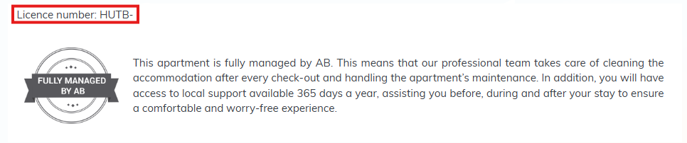 Información del número de licencia turística de un apartamento junto a un sello de gestión integral de AB Apartment Barcelona y descripción de los servicios de limpieza, mantenimiento y asistencia al huésped.