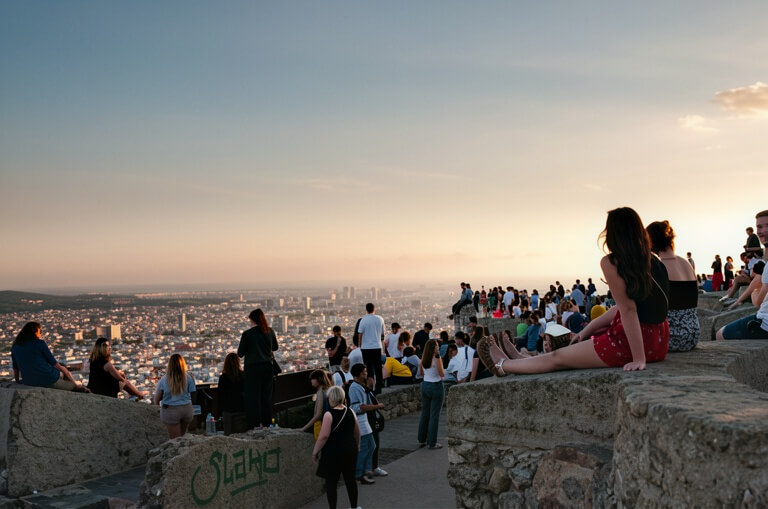 People enjoyimng the views of Barcelona at sunset at the bunkers.