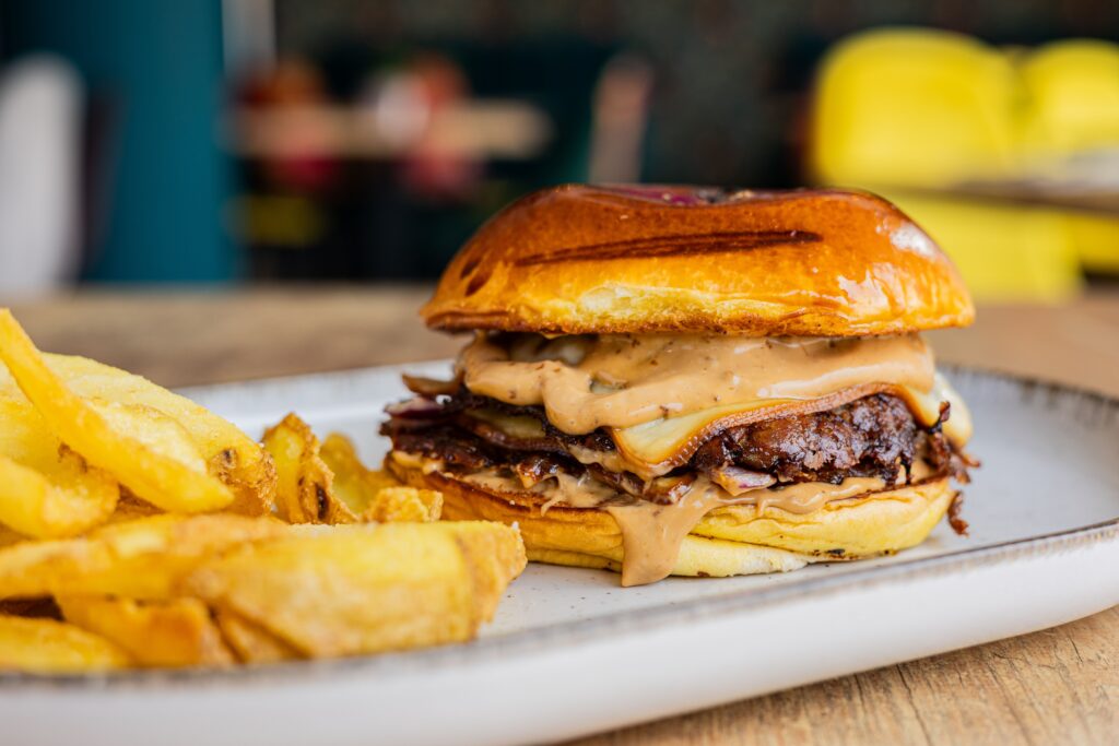 gourmet burger with chips
