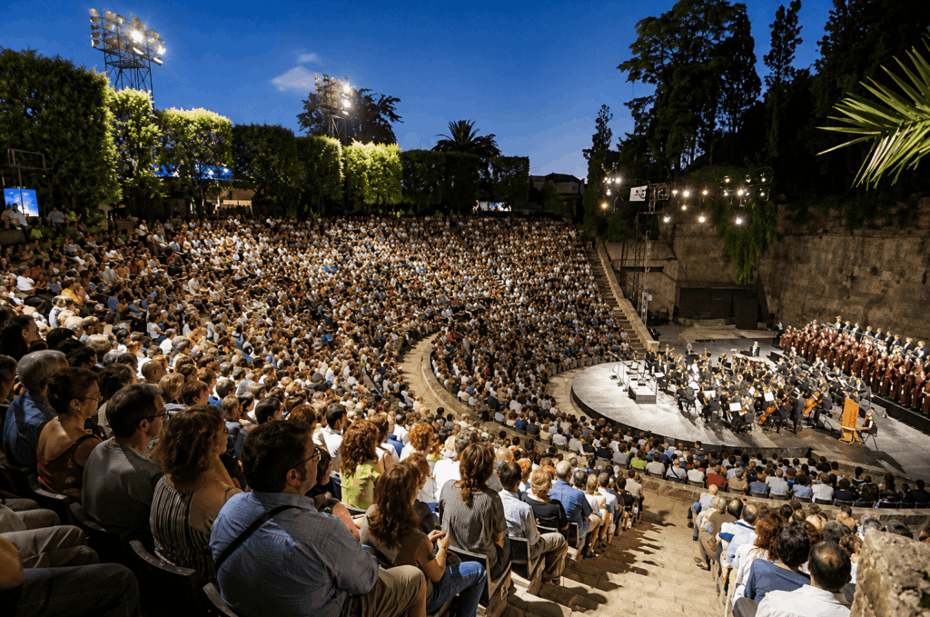 Greek theatre with a concert taking place.