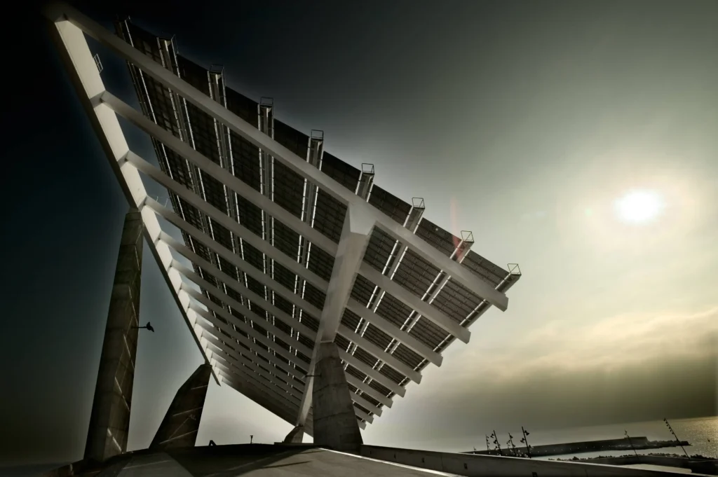 Large photovoltaic panel at Parc del Fòrum in Barcelona, one of the venue’s most distinctive architectural landmarks.