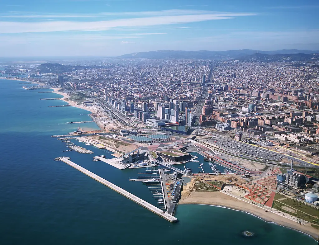 Aerial view of Port Fòrum in Barcelona, showcasing the modern marina, waterfront, Mediterranean coastline and the Diagonal Mar neighbourhood.