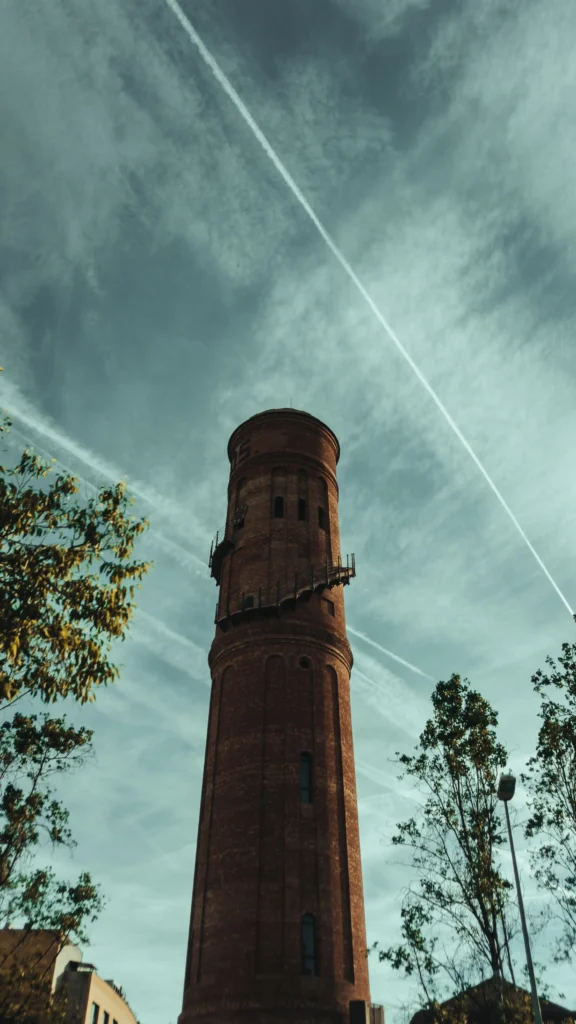 The historic Torre de les Aigües del Besòs in Barcelona, an iconic 19th-century water tower located near Diagonal Mar and Poblenou.